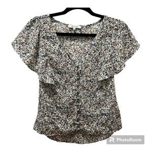 Madewell v-neck button-up blouse in blue with multicolored flowers size 0.